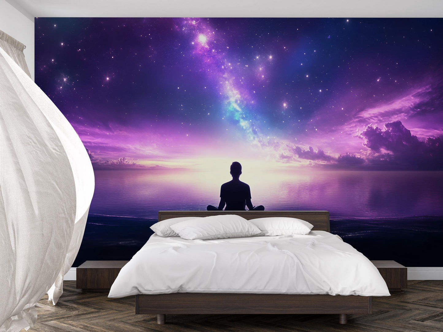 Meditation Galaxy Wall Mural – Purple Cosmic Sunset Sky Tapestry for Bedroom Decor Vn476