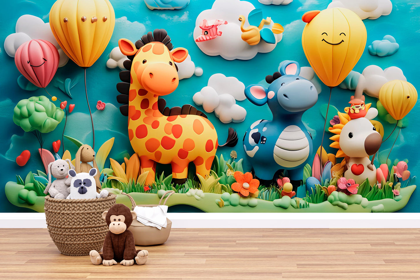 Whimsical Safari Animal Wall Mural – Giraffe, Hippo & Jungle Friends | Kids Room Decor Vn325