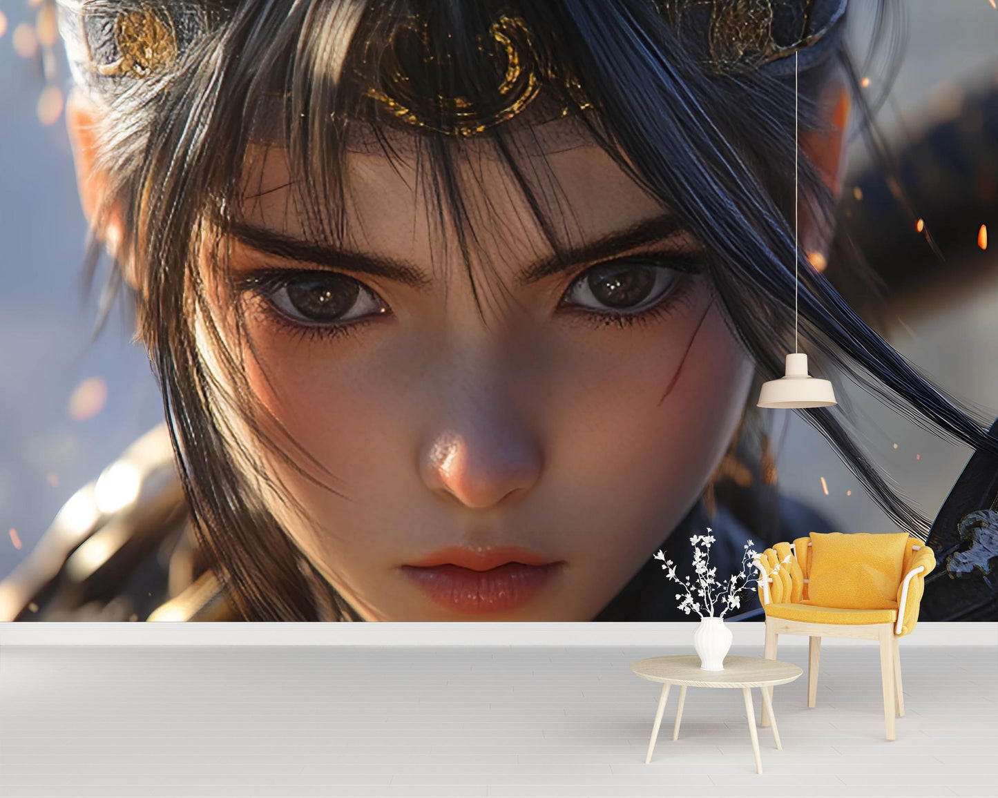 Fantasy Warrior Girl Wall Mural - Anime Style Face Close-Up Art for Bedroom Decor, Epic Gaming Room Tapestry Accent Wallpaper Vn362
