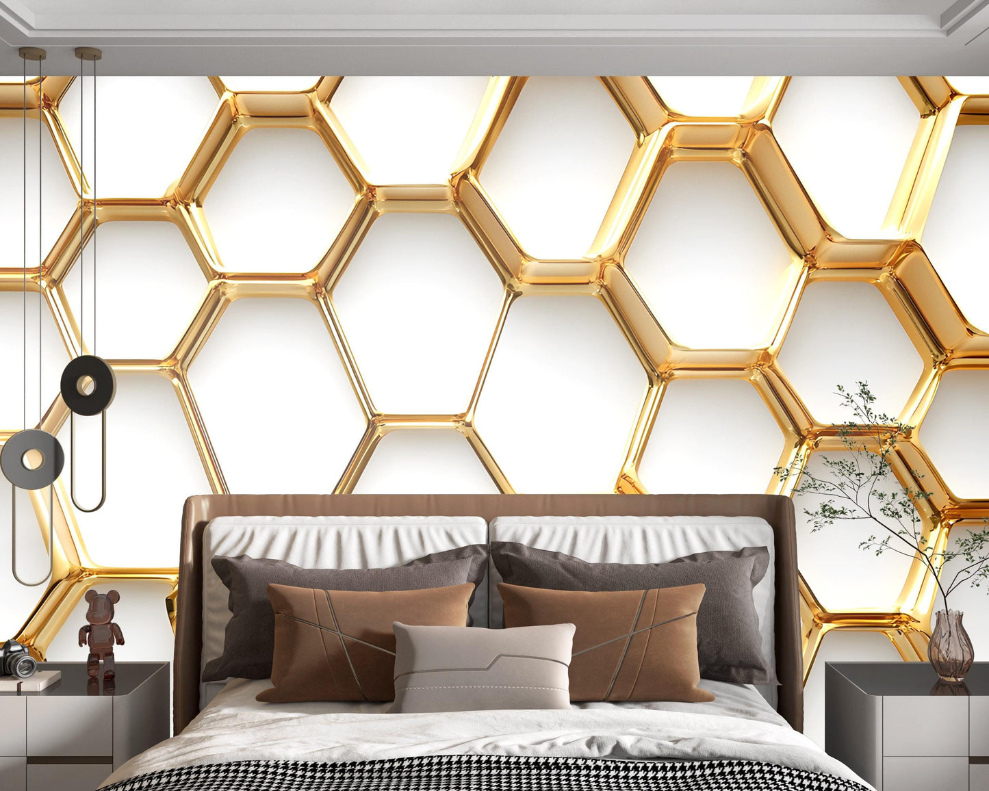 Luxury 3D Gold Honeycomb Wall Mural – Modern Geometric Wallpaper for Bedroom Vn047