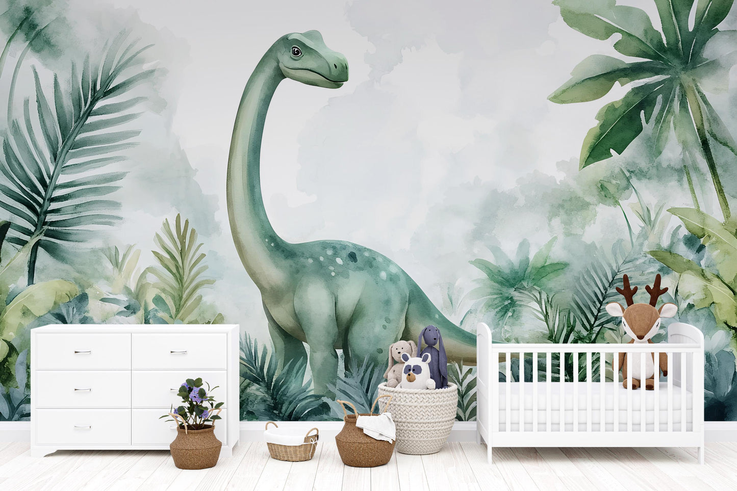 Dinosaur Wall Mural for Kids Room – Watercolor Jungle Brachiosaurus Art Vn407