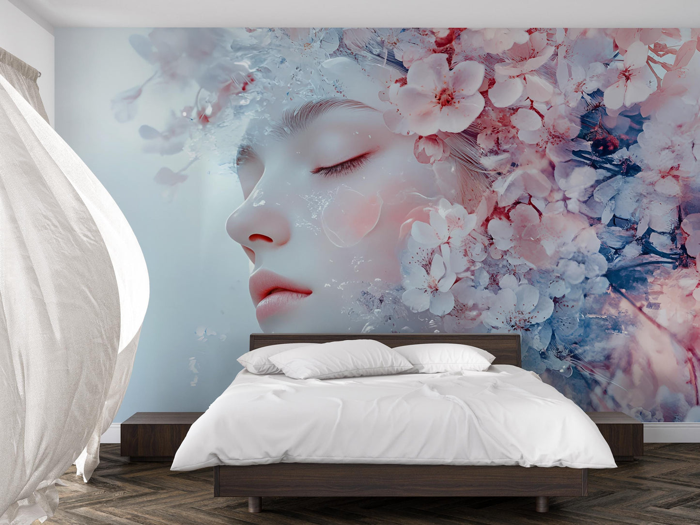 Floral Dream Face Wall Mural – Soft Feminine Art Mural for Bedroom or Studio, Cherry Blossom Fantasy Aesthetic Wall Decor Vn264