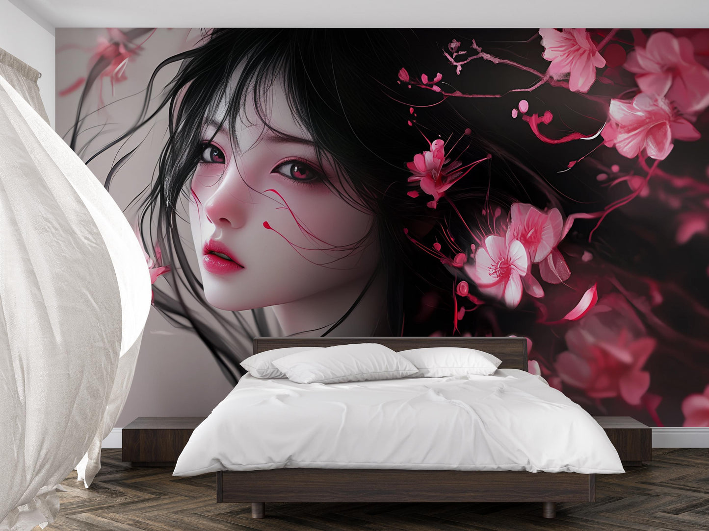 Anime Wall Art Girl with Flowers | Japanese Aesthetic Mural | Cherry Blossom Decor | Bedroom Accent Wallpaper Vn354