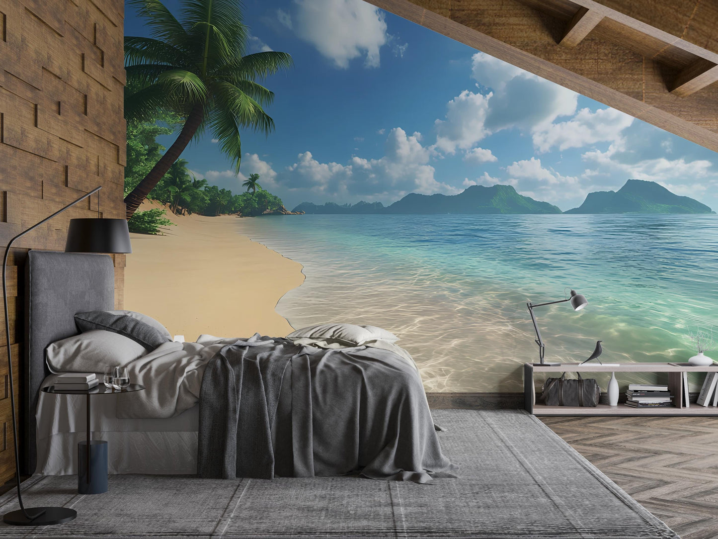 Tropical Beach Wall Mural – Ocean View Wallpaper for Bedroom, Palm Tree Seaside Wall Decor, Coastal Landscape Accent Vn285