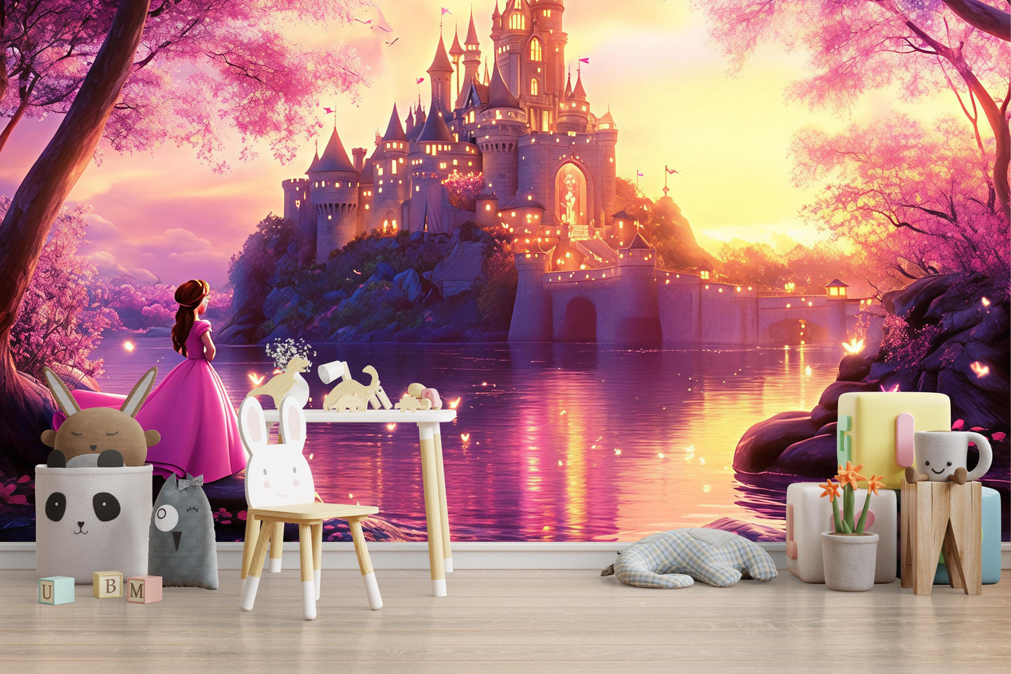 Fairy Tale Castle Wall Mural for Nursery | Princess Theme Kids Room Decor | Magical Baby Girl Room Wallpaper | Dreamy Pink Castle Art Vn365