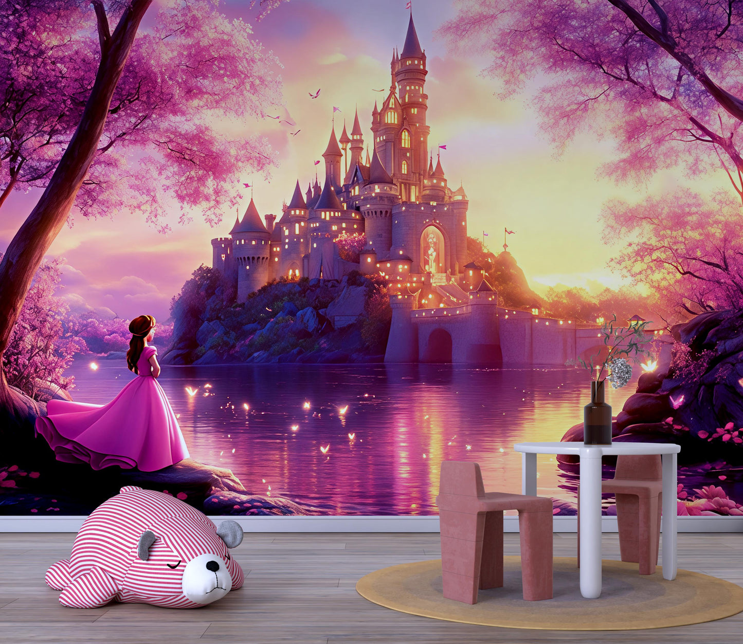 Fairy Tale Castle Wall Mural for Nursery | Princess Theme Kids Room Decor | Magical Baby Girl Room Wallpaper | Dreamy Pink Castle Art Vn365