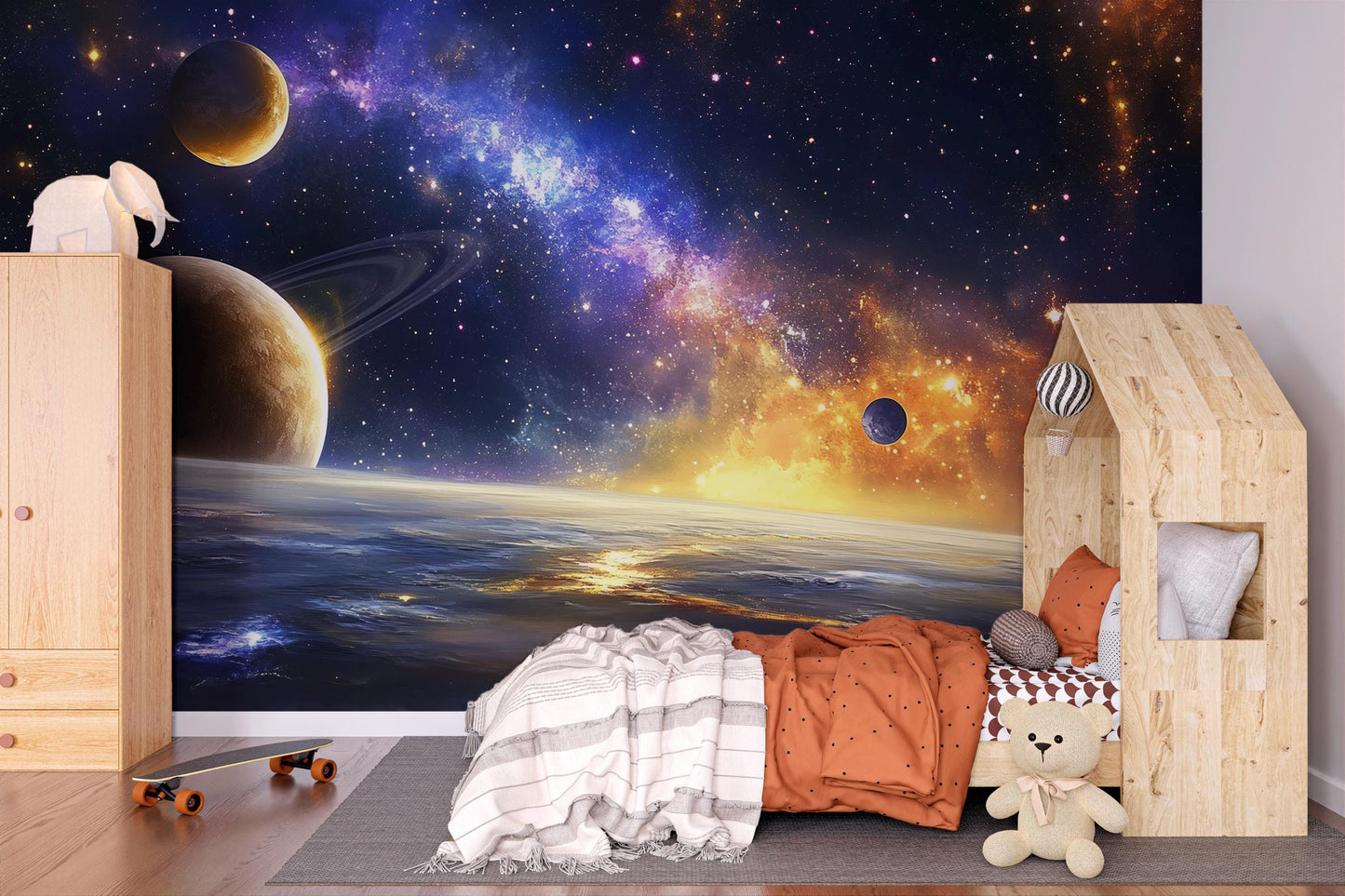 Galaxy Space Wall Mural for Kids Room – Planets & Stars Outer Space Wallpaper – Cosmic Nursery Decor Vn437