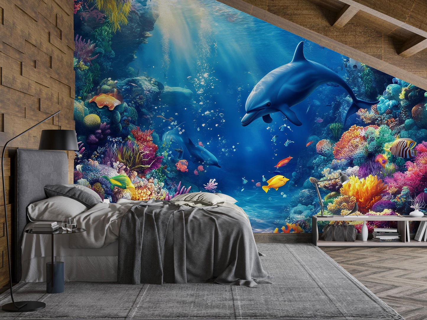 Underwater Ocean Wall Mural – Dolphin Coral Reef Wallpaper – 3D Sea Life Decor for Bedroom or Kids Room Vn253