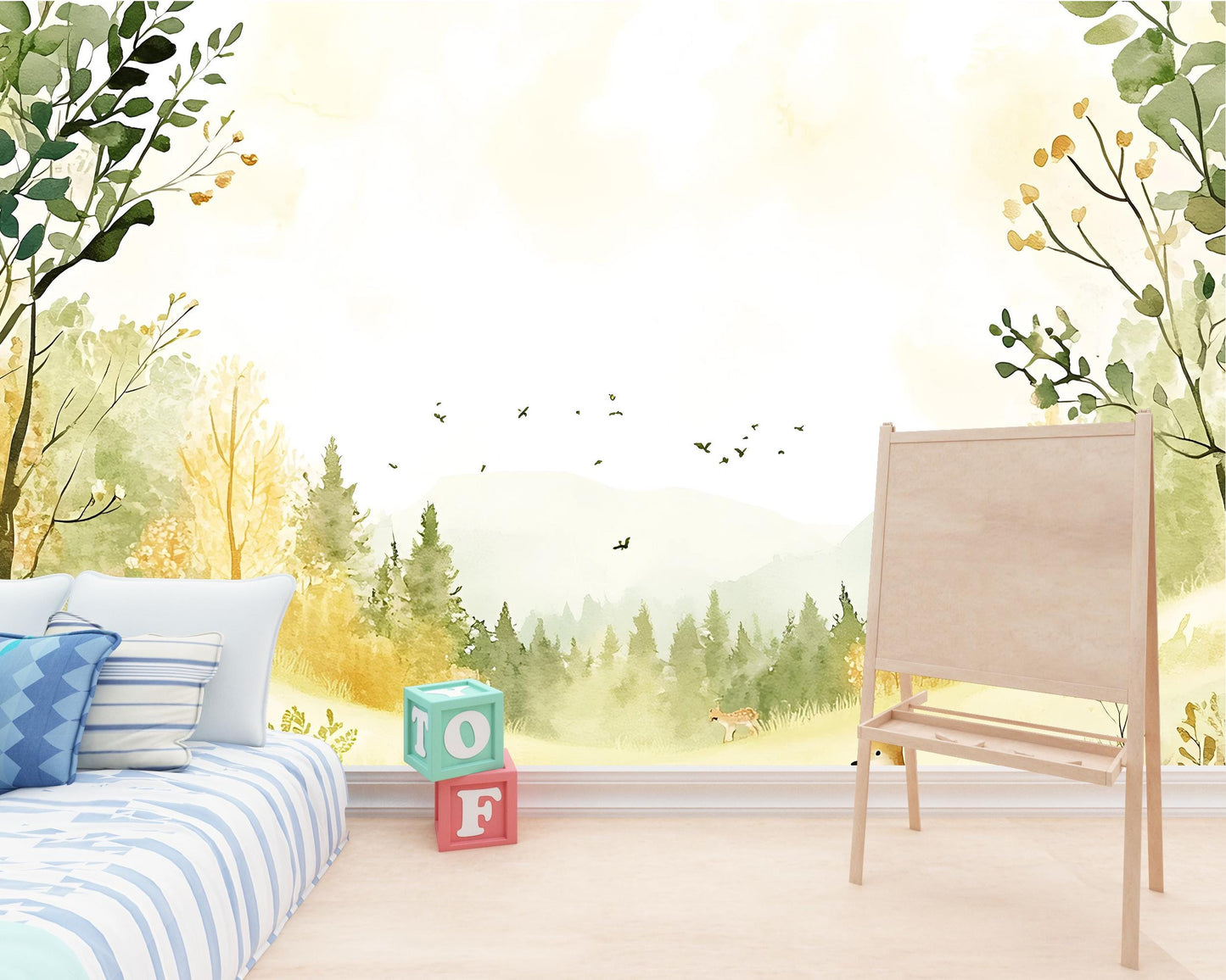 Woodland Forest Nursery Wall Mural – Nature Themed Wallpaper for Baby Room, Gender Neutral Scenic Wall Art Vn261