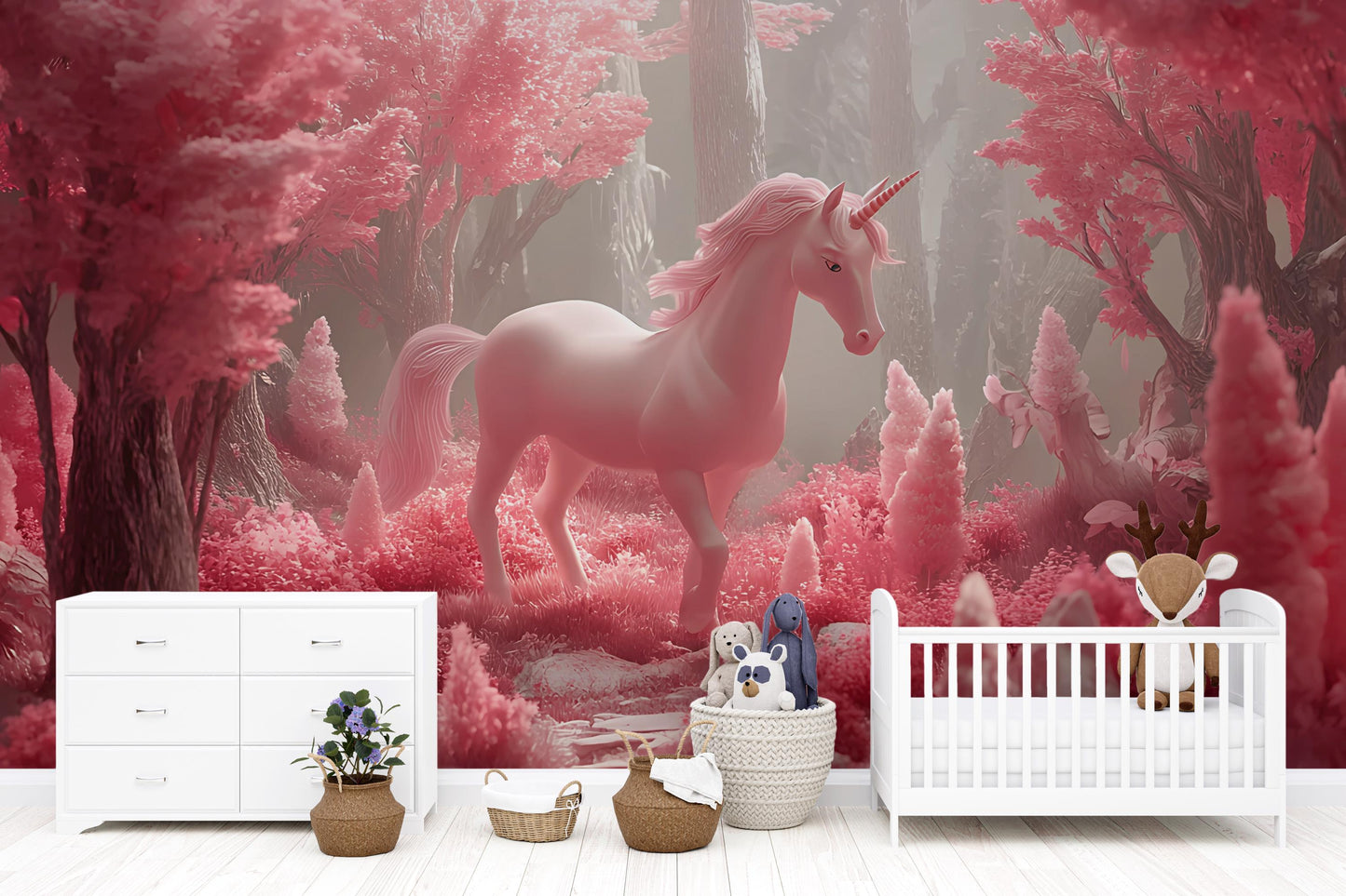 Pink Unicorn Nursery Wall Mural – Fantasy Forest Wallpaper for Baby Girl Room, Magical Pastel Woodland Décor Vn 303
