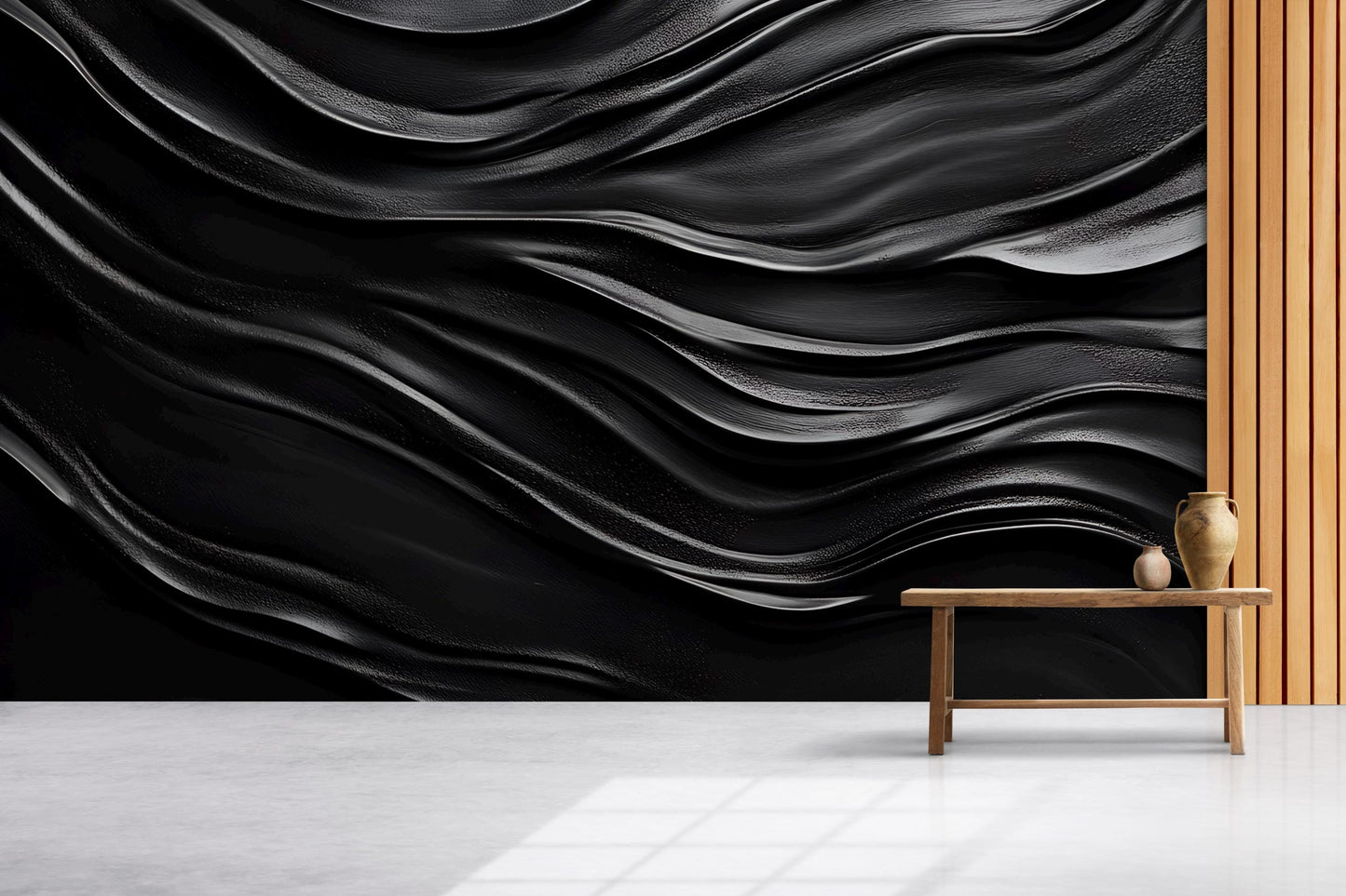Modern Black Wave Wall Mural – 3D Textured Abstract Wallpaper, Bold Dark Wall Art for Living Room, Bedroom, Office Decor Vn235