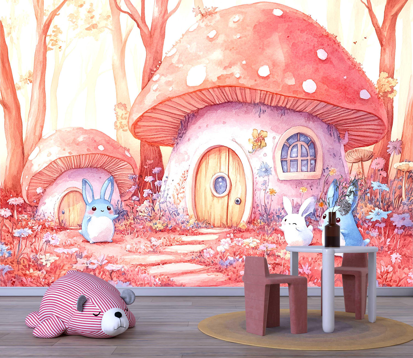 Whimsical Mushroom Forest Bunny Wall Mural – Cute Woodland Animal Nursery Wallpaper – Removable Baby Room Decor for Girls & Boys Vn446