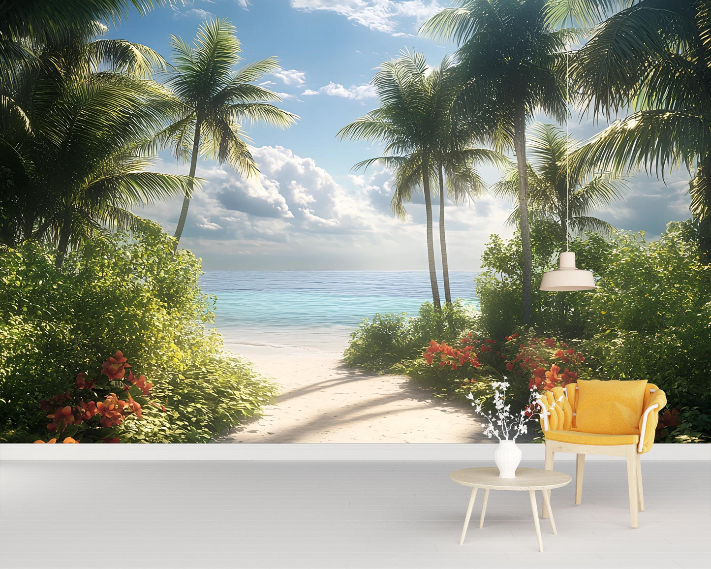 Tropical Beach Wall Mural | Ocean View Palm Tree Wallpaper | Coastal Jungle Scenic Removable Wall Art Vn291