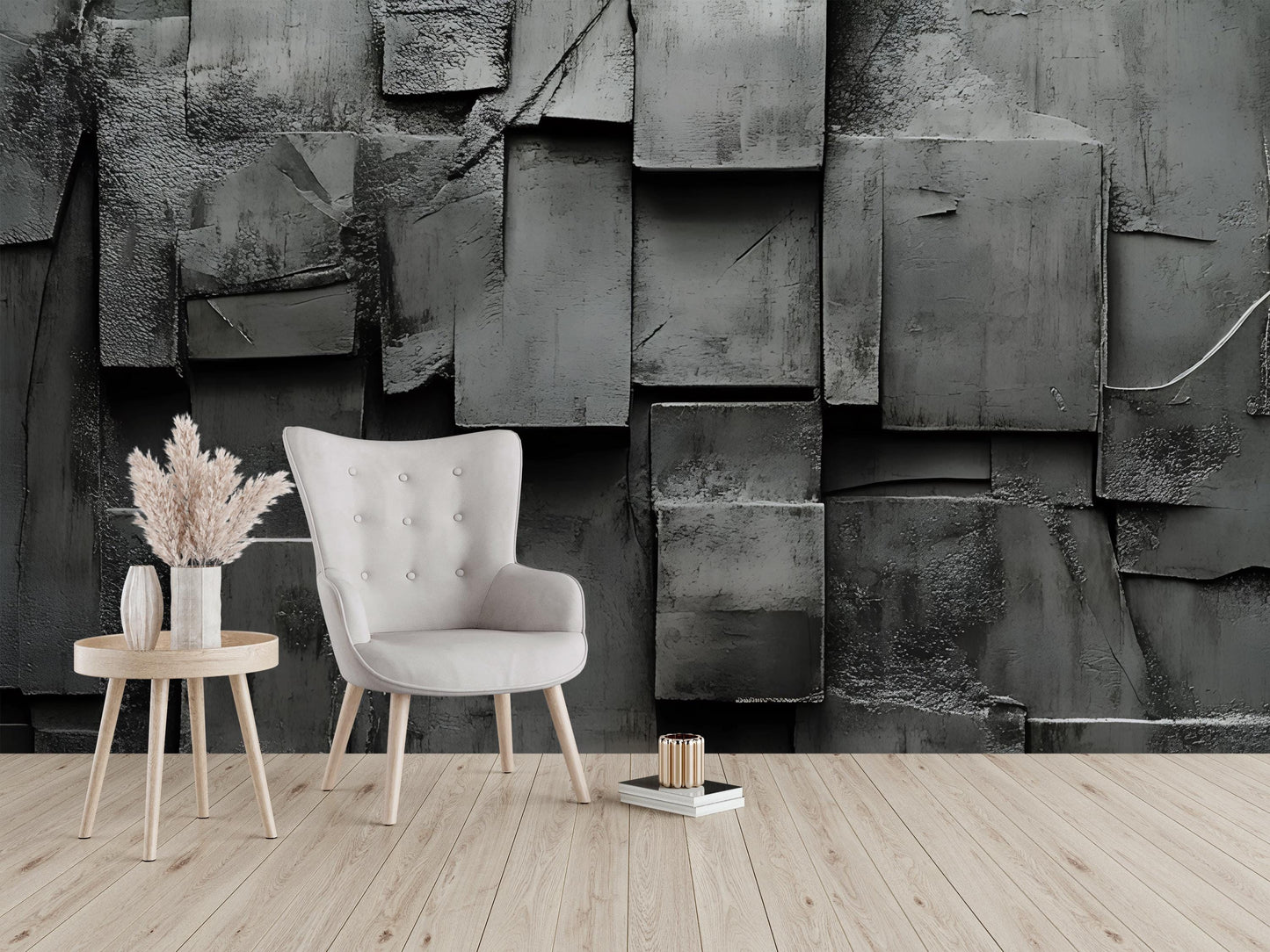 Modern Textured Wall Art Mural – 3D Dark Concrete Geometric Wallpaper – Industrial Style Living Room Decor Vn240