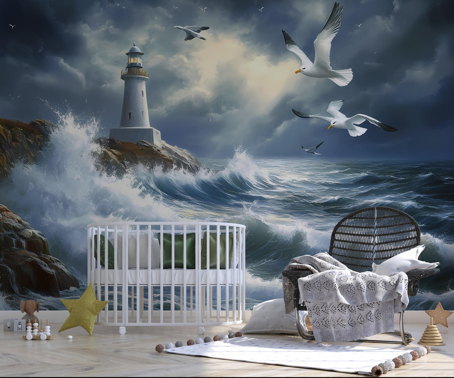 Lighthouse Ocean Wave Wall Mural – Stormy Sea Seagull Art Wallpaper, Coastal Nautical Decor Vn091