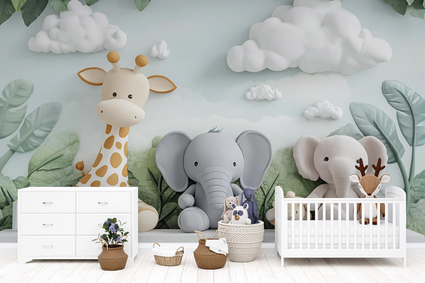 Safari Nursery Wall Art, Jungle Animal Mural Wallpaper, Giraffe Elephant Baby Room Decor, Cute Animal Wall Decal Vn432