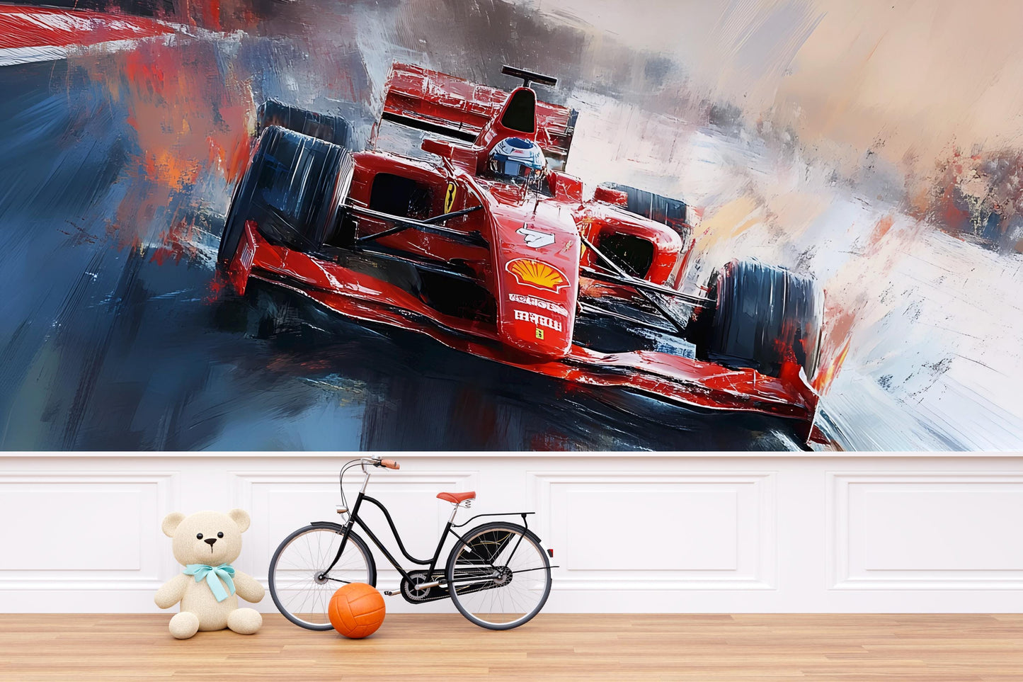Race Car Wall Mural for Boys Room – Red Formula 1 Style Kids Decor, Sports Car Wallpaper, Racing Bedroom Theme Art Vn372