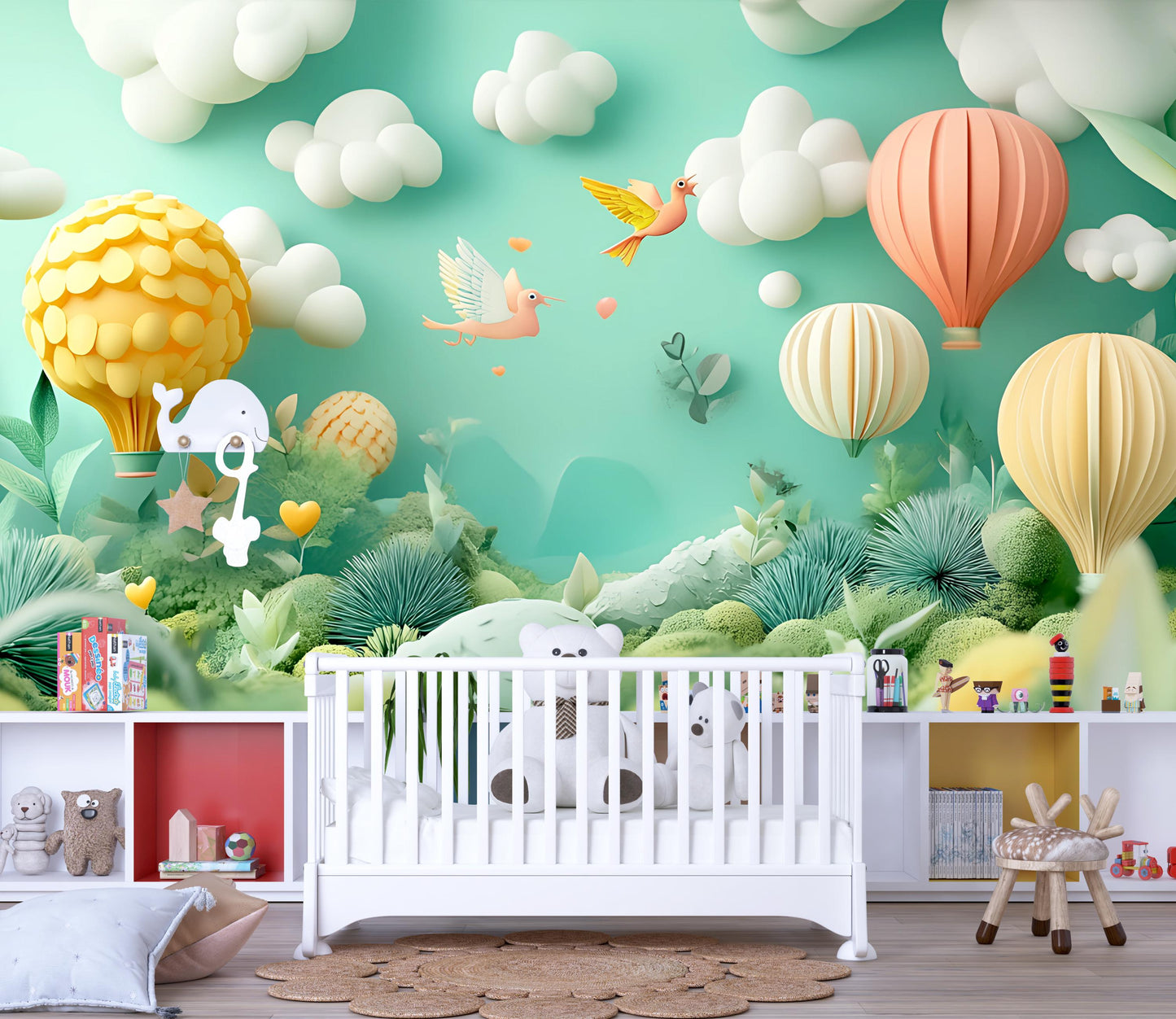 Whimsical Hot Air Balloon Kids Wall Mural – Colorful Nursery Wallpaper – 3D Cartoon Nature Scene – Peel and Stick Mural Vn324