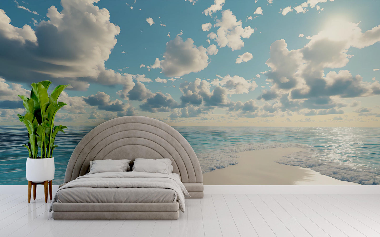 Ocean View Wall Mural for Bedroom – Coastal Seascape Accent Wall Art – Serene Blue Sky Beach Wallpaper Vn283