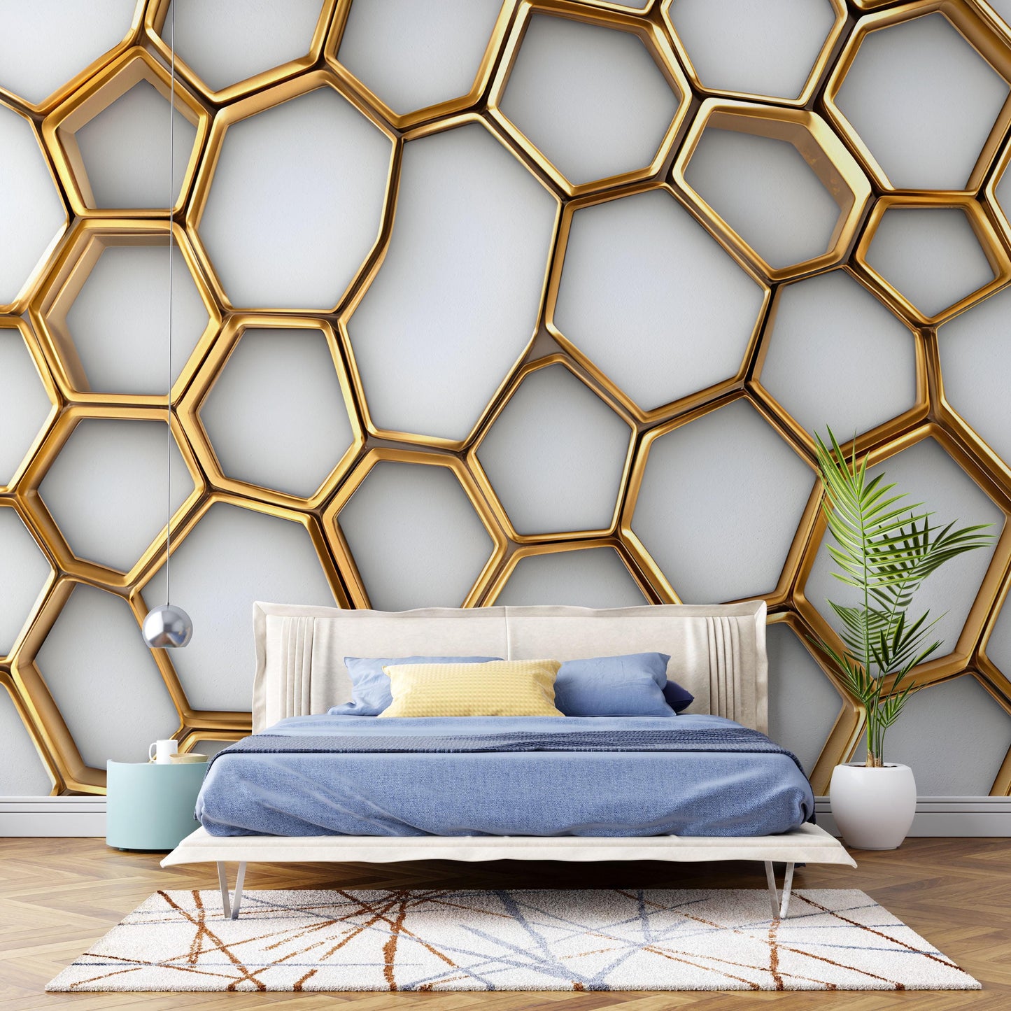 Luxury 3D Gold Honeycomb Wall Mural – Geometric Modern Bedroom Wallpaper – Elegant Hexagon Art Decor for Master or Guest Room Vn046