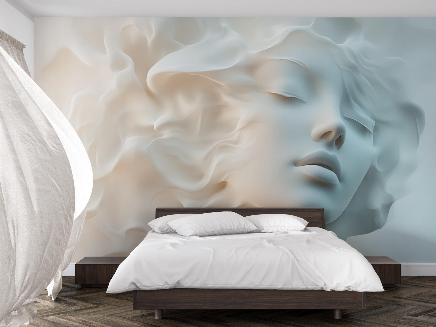 Dreamy Surreal Face Wall Mural – Soft Abstract Woman Portrait Art for Bedroom, Modern 3D Textured Look Wallpaper Vn265