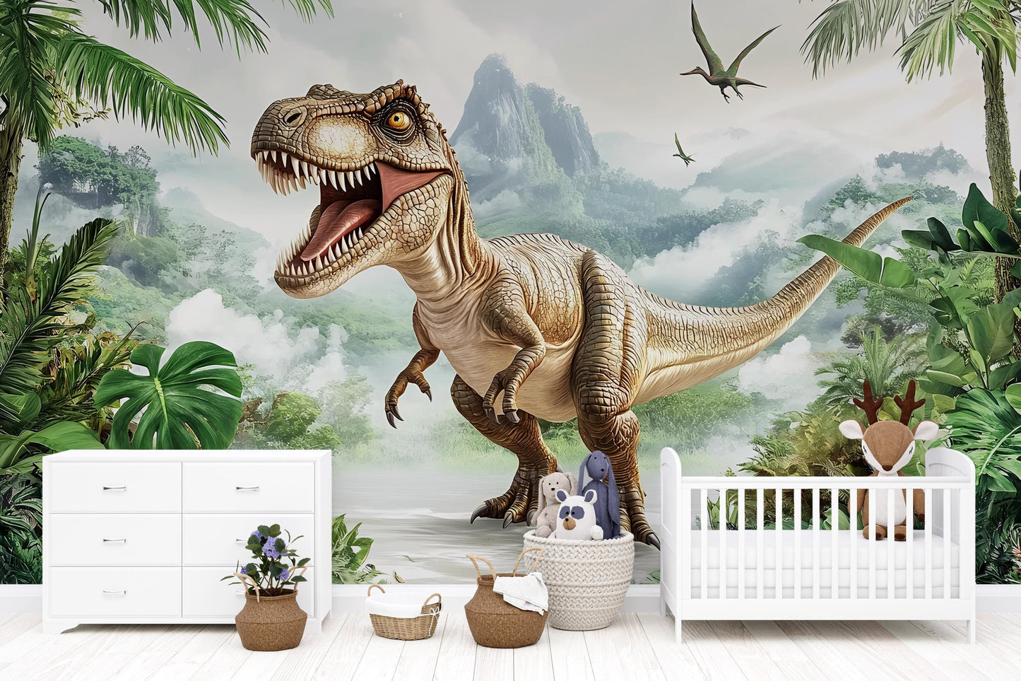 T-Rex Dinosaur Wall Mural for Kids Room – Jungle Prehistoric Wallpaper – Boys Nursery Dino Decor – Large Wall Art Poster Vn402