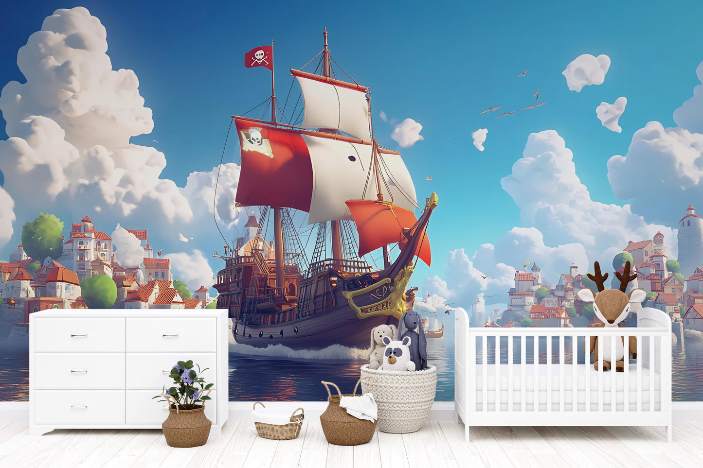 Pirate Ship Wall Mural for Kids Room – Ocean Adventure Wallpaper – Nautical Nursery Decor – Removable Vinyl Art Vn 305