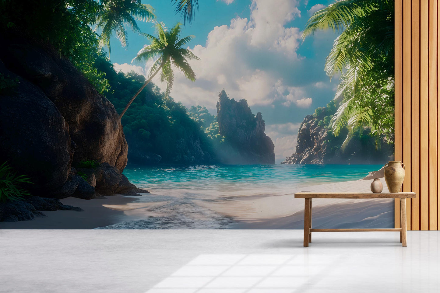 Tropical Beach Wall Mural | 3D Ocean View Wallpaper | Coastal Palm Tree Decor | Relaxing Island Paradise Scene Vn292
