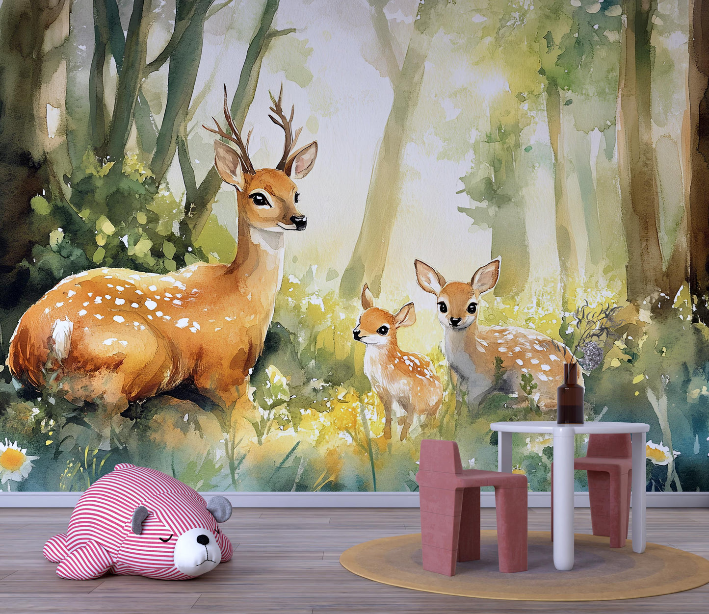 Whimsical Deer Forest Wall Mural for Kids Room – Woodland Nursery Wallpaper – Baby Room Animal Art – Removable Peel and Stick Vn336