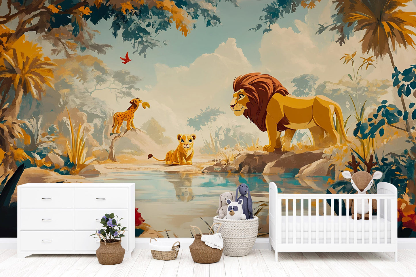 Lion King Jungle Mural | Safari Wall Art for Kids Room | Animal Nursery Wallpaper Vn272