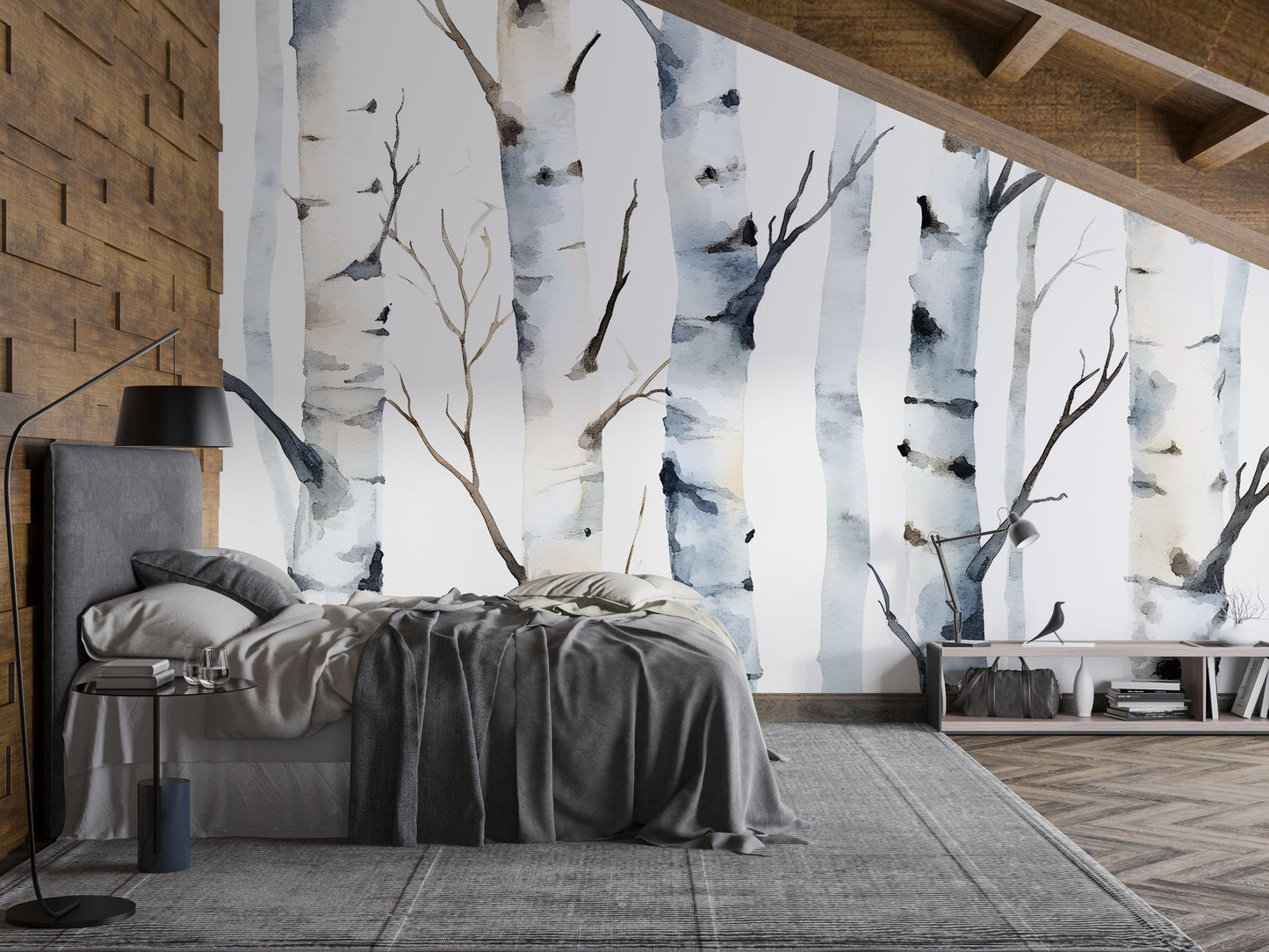 Watercolor Birch Tree Wall Mural | Forest Wallpaper for Bedroom | Scandinavian Nature Wall Art | Removable Peel and Stick Mural Vn487