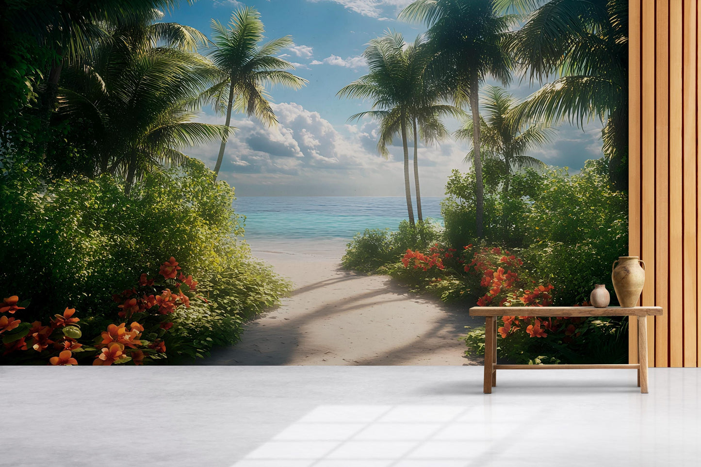Tropical Beach Wall Mural | Ocean View Palm Tree Wallpaper | Coastal Jungle Scenic Removable Wall Art Vn291