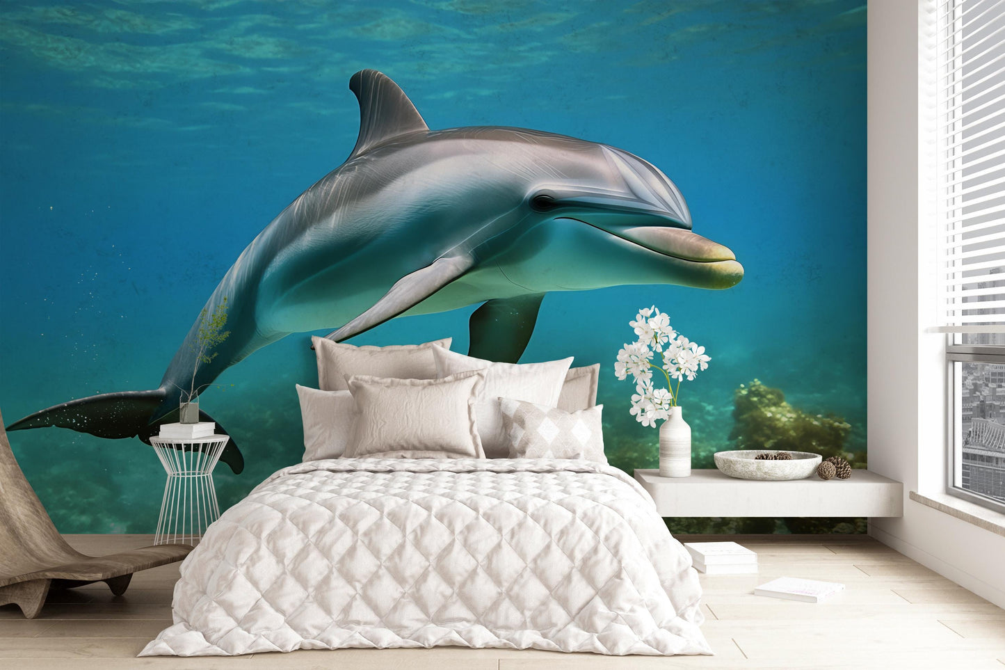 Ocean Dolphin Wall Mural for Bedroom – 3D Underwater Sea Life Wallpaper – Nautical Marine Decor for Kids & Adults Vn255