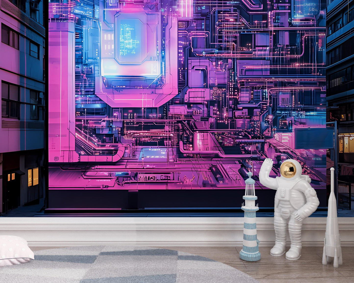 Futuristic Cityscape Wall Art - Neon Circuit Mural, Sci-Fi Astronaut Decor Vn195