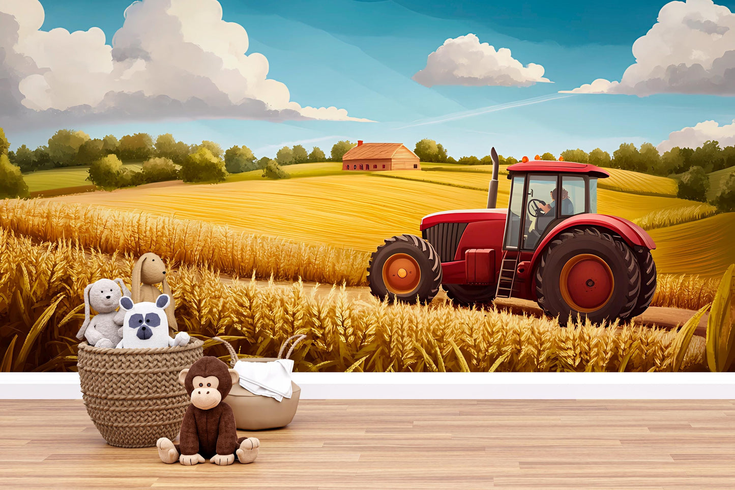 Farm Tractor Wall Mural – Kids Room Wheat Field Scene Vn315