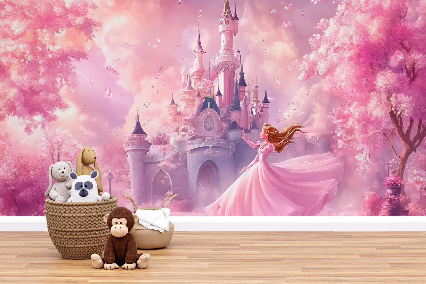 Princess Castle Wall Mural - Pink Fairy Tale Wallpaper for Girls Bedroom, Fantasy Castle Nursery Decor Vn366
