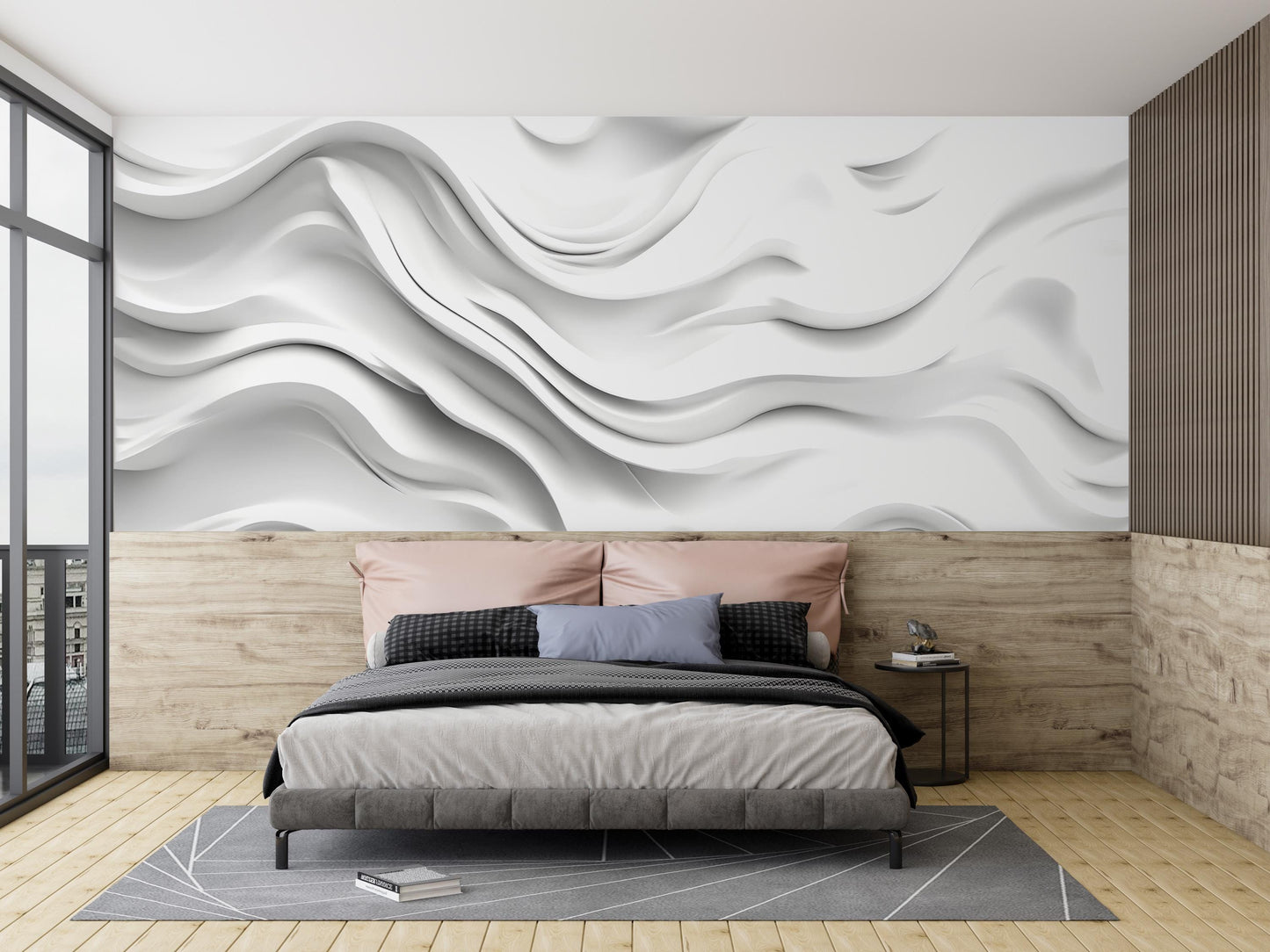 3D Abstract Wave Wall Mural – White Textured Wallpaper for Bedroom – Modern Minimalist Large Wall Art – Peel & Stick or Paste Vn236