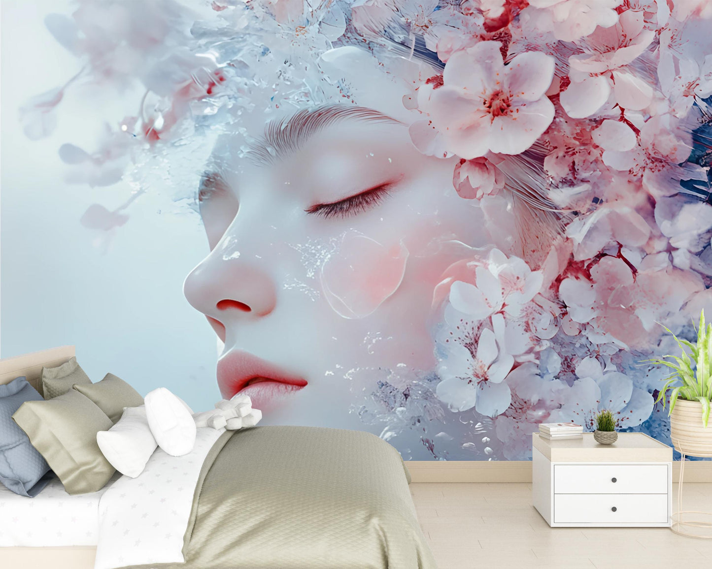 Floral Dream Face Wall Mural – Soft Feminine Art Mural for Bedroom or Studio, Cherry Blossom Fantasy Aesthetic Wall Decor Vn264