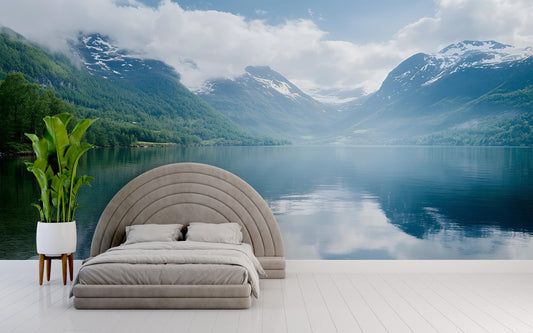 Mountain Lake Wall Mural β Tranquil Scenic Nature Wallpaper for Bedroom, Forest Waterfall Lake View Accent Wall Art Vn485
