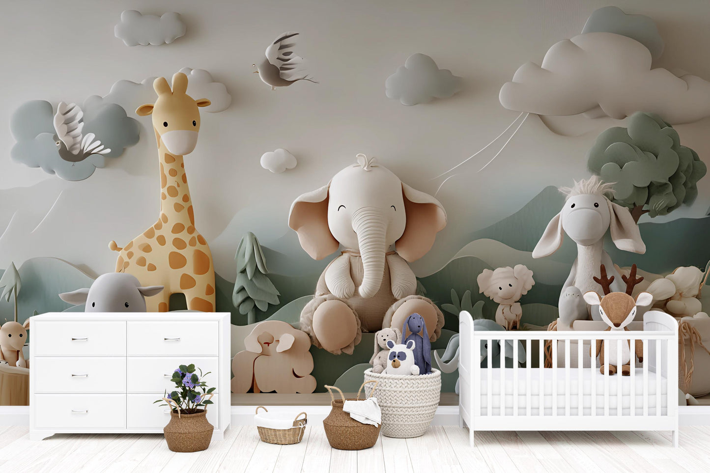 Safari Animal Nursery Wall Art - Jungle Theme Kids Room Decor - Elephant Giraffe Baby Wallpaper Vn 295