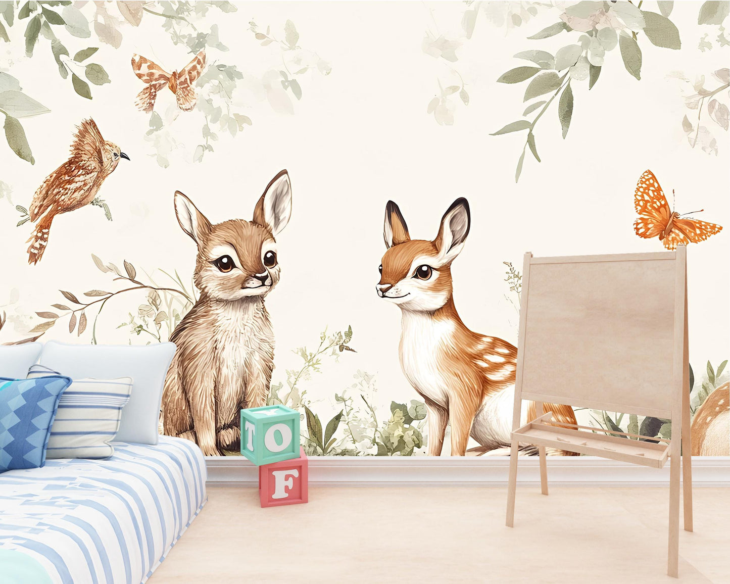 Woodland Animal Nursery Wall Mural – Forest Theme Peel and Stick Wallpaper – Baby Deer Bunny Squirrel Wall Art for Kids Room Vn247