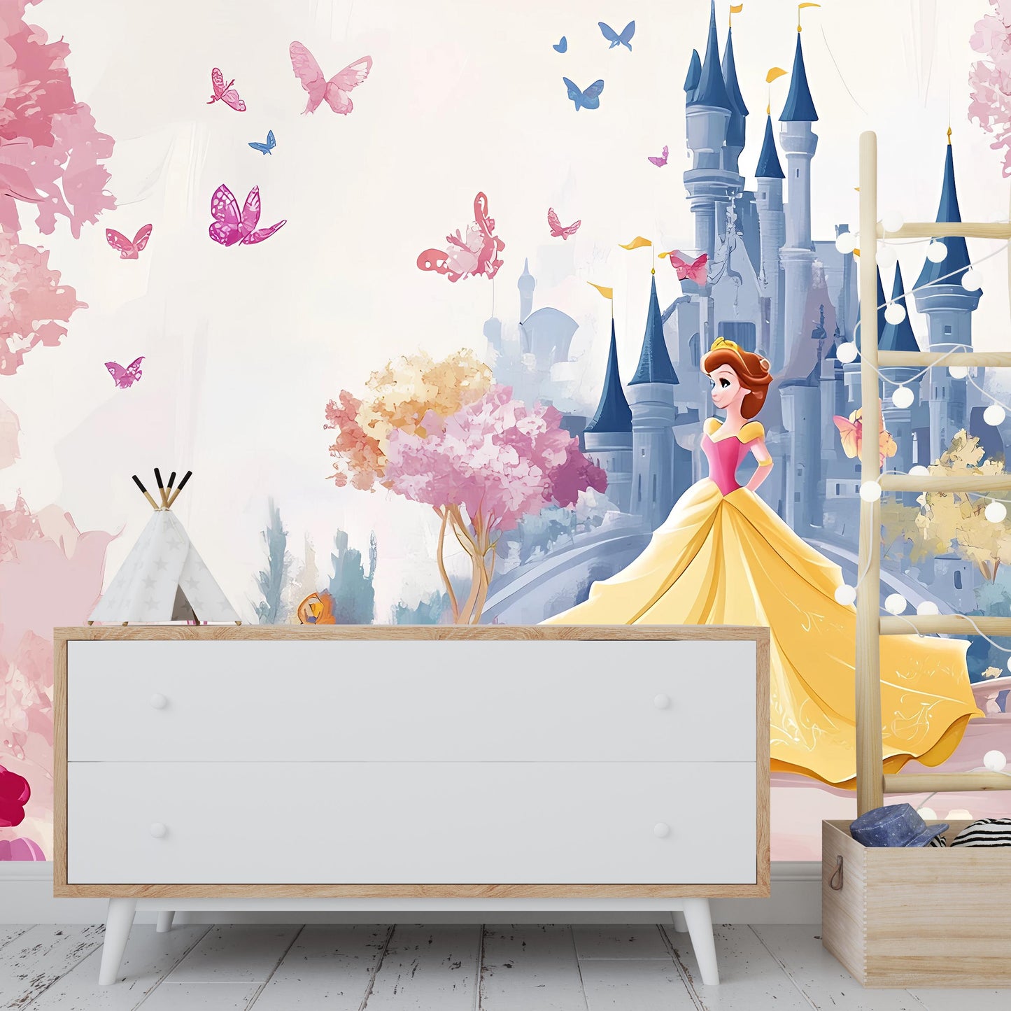 Princess Castle Wall Mural for Girls Room – Fairy Tale Wallpaper with Butterflies & Princess – Removable Kids Room Decor Vn278