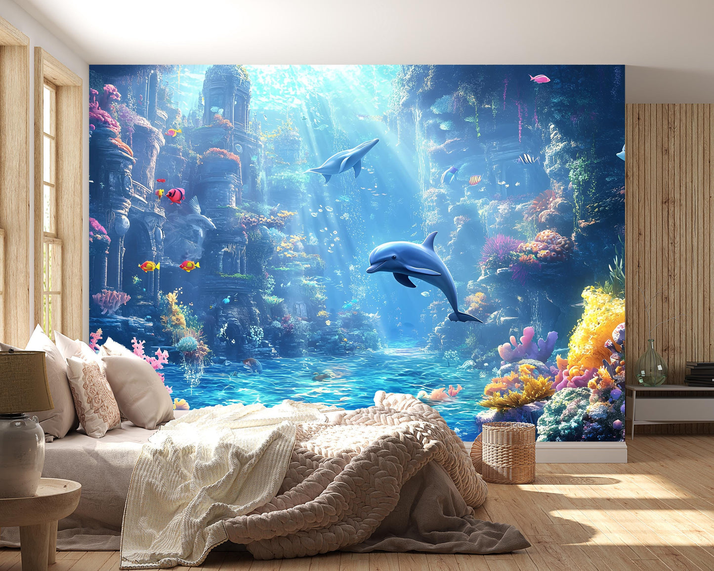 Underwater Ocean Wall Mural, 3D Dolphin Coral Reef Wallpaper, Kids Room Sea Decor Vn254
