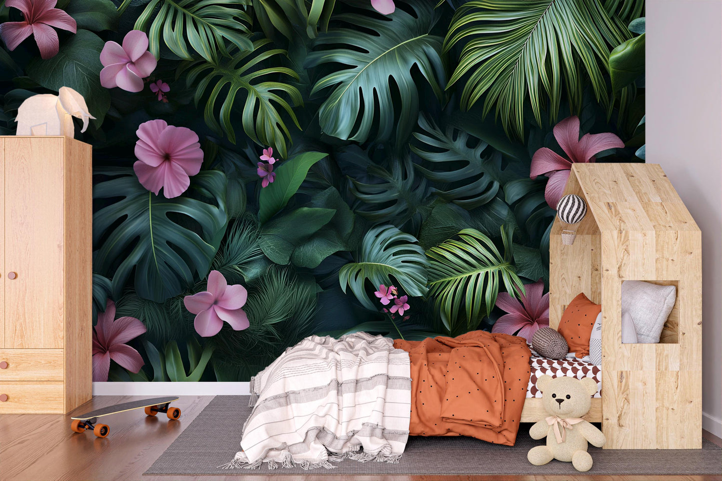 Tropical Jungle Wall Mural for Kids Room – Botanical Leaf & Flower Wallpaper – Removable Peel and Stick Wall Art Vn233