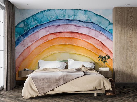 Rainbow Wall Mural for Bedroom β Textured Abstract Art Wallpaper β Colorful Boho Accent Wall DΓ©cor β Sloped Ceiling Mural Vn389