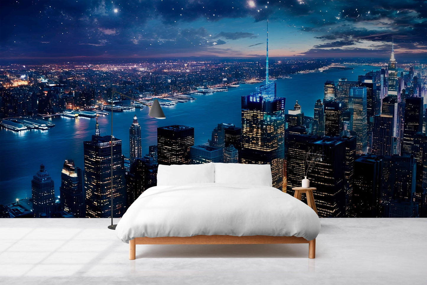 City Skyline Night Wall Mural – New York Cityscape Wallpaper – Urban Night View – Large Wall Art for Bedroom or Living Room Décor Vn012