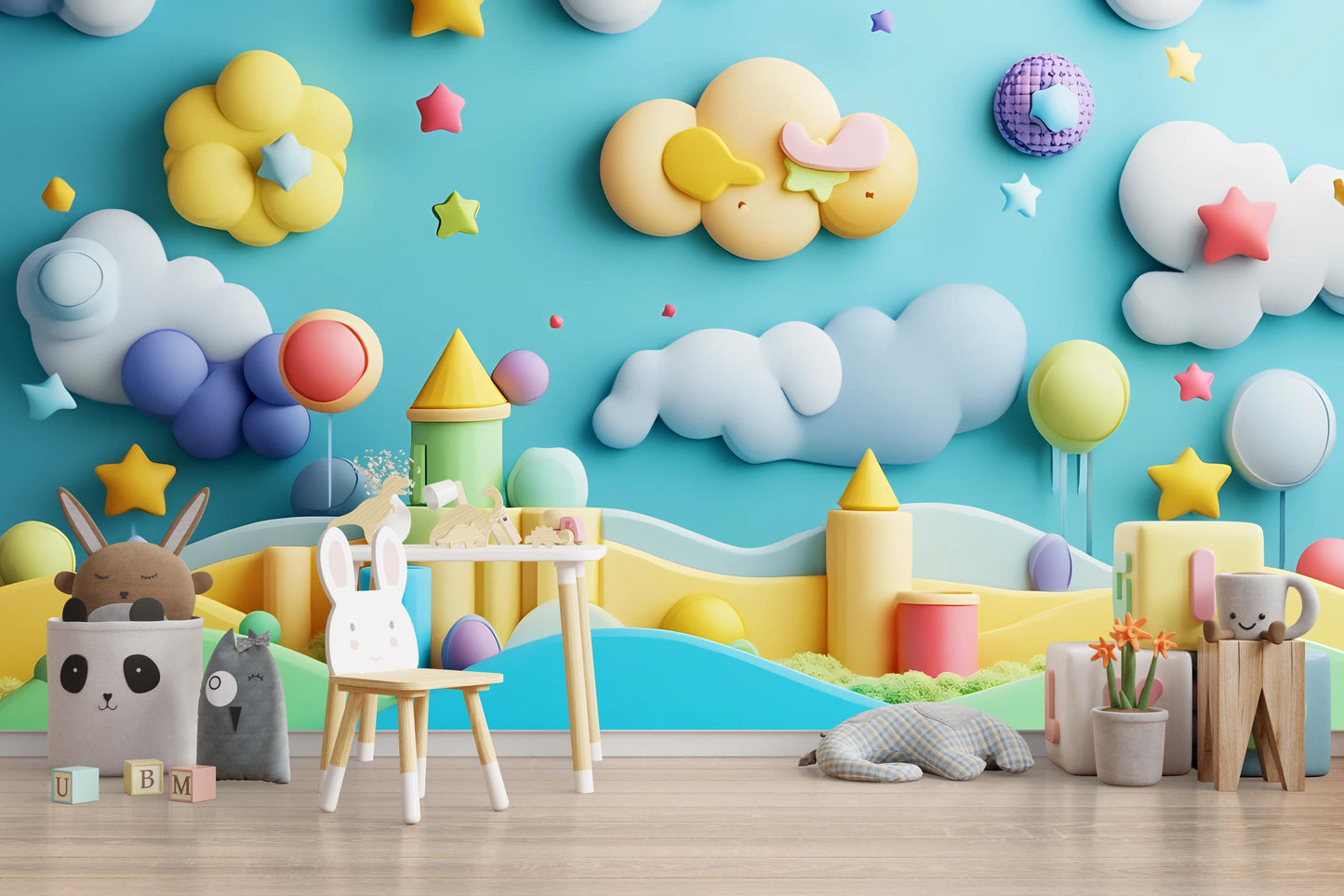 Whimsical Kids Room Wall Mural | 3D Cloud Star Castle Wallpaper | Colorful Nursery Decor | Fantasy Playroom Art Print Vn330