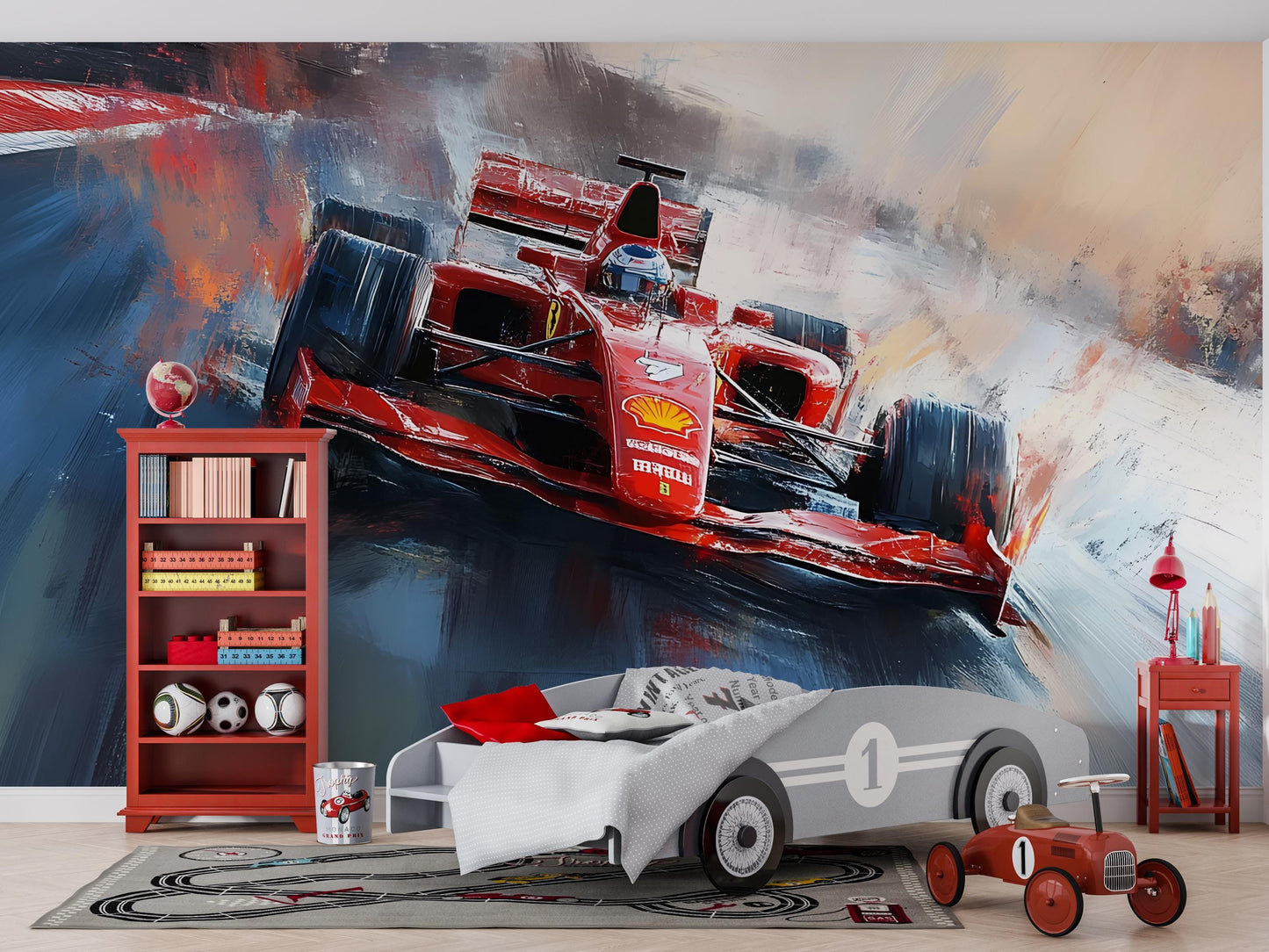 Race Car Wall Mural for Boys Room – Red Formula 1 Style Kids Decor, Sports Car Wallpaper, Racing Bedroom Theme Art Vn372