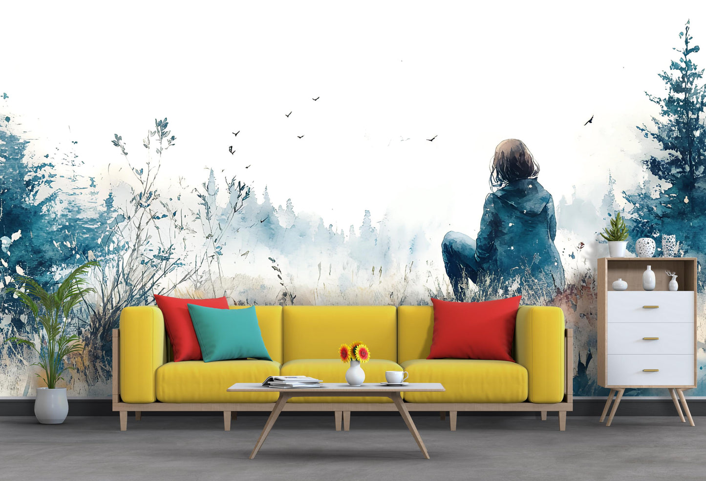 Watercolor Forest Wall Mural – Girl in Nature Art – Serene Blue Landscape Wall Art for Living Room Vn349