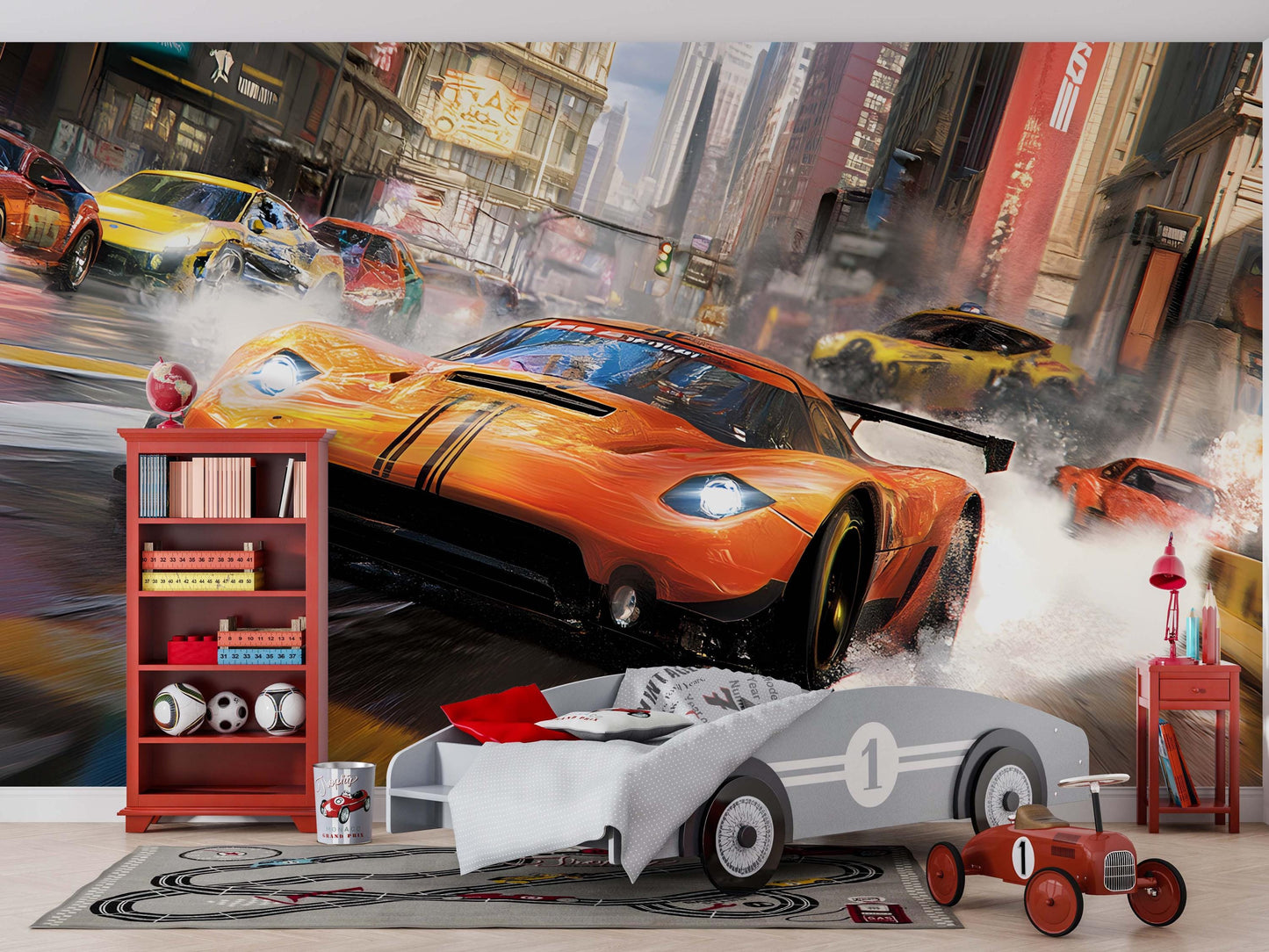 Racing Car Wall Mural – Urban Street Race Scene, Sports Car Wallpaper, Boys Room Decor, Gamer Wall Art Vn049